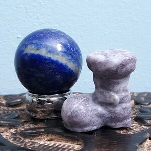 Pair Blue Lapis Lazuli Crystal Ball Sphere Purple Lepidolite Stone Boot Figurine